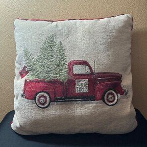 Vintage-Style Christmas Pillow With Red Truck & Trees 20" X 20" Inch Reversible